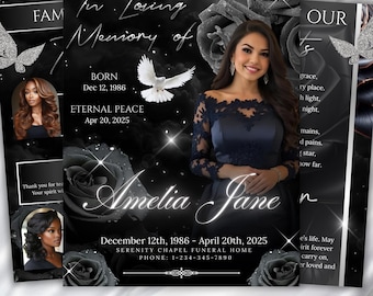 08 Pages Black Roses Funeral Program Template, Bi-Fold Funeral Program, In Loving Memory, Obituary Celebration Of Life Program