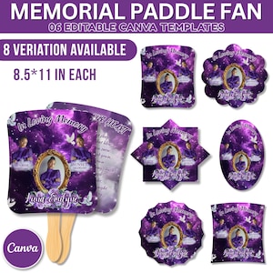 Puede incluir: Una colección de abanicos conmemorativos con un diseño celestial morado y blanco. Cada abanico presenta una foto en un marco dorado, el texto "In Loving Memory" y el nombre "Lana Emilyne". Los abanicos miden 21,6 x 27,9 cm.