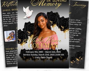 6 Pages Black and Gold Funeral Program Template, Bi-Fold Funeral Program, Obituary Celebration Of Life Program, Digital Download
