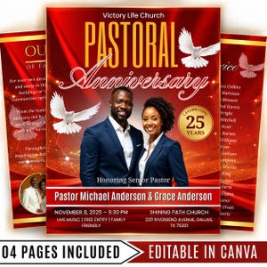 04 Red Pastoral Church Anniversary Program Template, Editable Bifold 8.5x11”, Church Appreciation Program, Anniversary & Faith Celebration