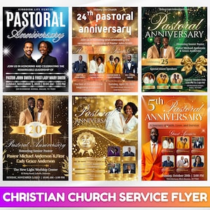 Op de afbeelding: Een verzameling flyers voor christelijke kerkelijke pastorale jubileumevenementen. Elke flyer bevat foto's van pastoors en gastsprekers, met tekst die het jubileum, de datum en de tijd aankondigt. De flyers gebruiken goud- en oranje kleurenschema's.