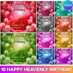 Puede incluir: Una colección de 10 fondos de "Happy Heavenly Birthday" en varios colores, incluyendo rojo, verde y morado. Cada diseño presenta una escalera, globos y el texto "Name here", "Sunrise" y "Sunset".