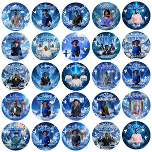 May include: A collection of round memorial keepsakes with a blue and white cloud background. Each keepsake features a portrait and the words "In Loving Memory". The keepsakes are decorated with doves.