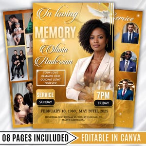 Pode incluir: Um modelo dourado de programa funerário com um retrato central de uma pessoa de cabelo escuro e encaracolado vestindo um blazer branco. O design inclui o texto In loving MEMORY Olivia Anderson, detalhes do serviço, datas e várias molduras.