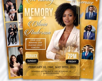 08 Pages Dreamy Gold Celebration of Life Program Template, 11x8.5 Bi-Fold Funeral Program, Editable Memorial Booklet, Digital Download
