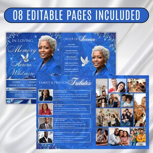 May include: A blue memorial service template with the text "In Loving Memory Aurora Whitmore" and "08 Editable Pages Included." The template includes photos, dates, and an order of service.