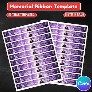 May include: Two sheets of memorial ribbon templates with a purple and white design. Each ribbon features the name "David Morals", a photo, and the text "Forever in our heart". The top banner reads "Memorial Ribbon Template".