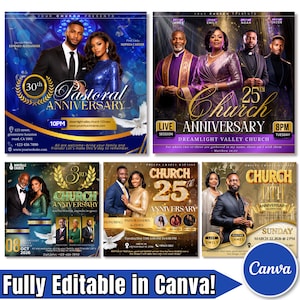 May include: A collection of church anniversary flyers with various designs. Each flyer features images of couples and pastors, along with event details such as dates, times, and locations. The flyers are in shades of blue, gold, and purple.