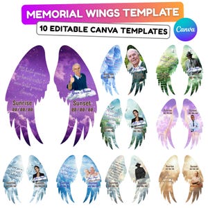 May include: A digital template for memorial wings, featuring 10 editable Canva templates. The design includes wing shapes with photos, text, and dates. The color palette includes purple, blue, green, and gold.