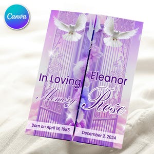 Heavenly Purple Gatefold Funeral Program Template, In Loving Memory Template,Memorial Gatefold Program, Celebration of Life Funeral Brochure
