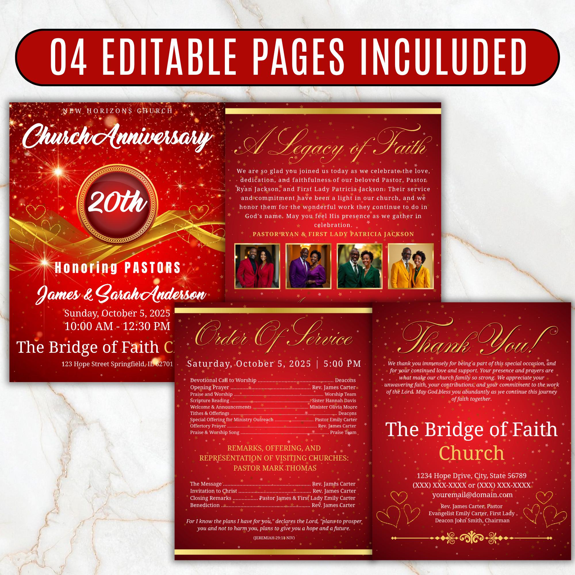 Red Church Anniversary Program Template, Editable Bifold 8.5x11” Design ...
