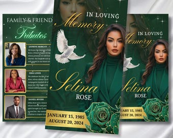 Green & Gold Funeral Program Template, Tri-Fold(17x11) Funeral Program, Obituary Celebration Of Life Program, In Loving Memory Templates