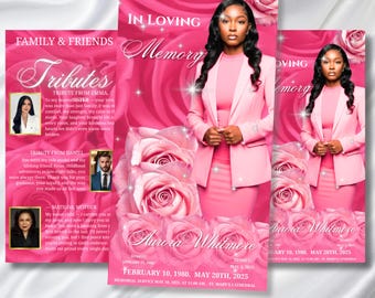 Pink Memorial Funeral Program Template, Tri-Fold(17x11) Funeral Program, Obituary Celebration Of Life Program, In Loving Memory Templates