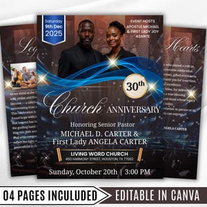 May include: A flyer for a church anniversary event. The design features a photo of a man and woman, with text that reads "Church Anniversary" and "Honoring Senior Pastor Michael D. Carter & First Lady Angela Carter."