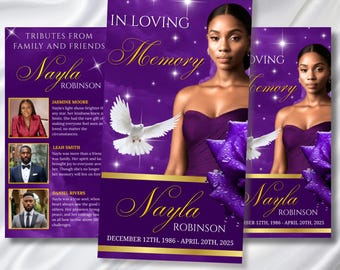 Purple & Gold Funeral Program Template, Tri-Fold(17x11) Funeral Program, Obituary Celebration Of Life Program, In Loving Memory Templates