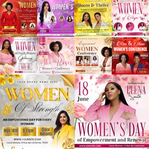 May include: A collection of promotional posters for women's conferences and events. The posters feature images of women, event titles, dates, and speaker information. The color palette includes pink, gold, and white.