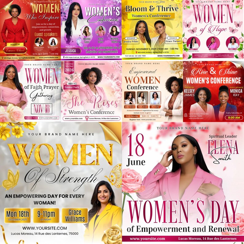 May include: A collection of promotional posters for women's conferences and events. The posters feature images of women, event titles, dates, and speaker information. The color palette includes pink, gold, and white.