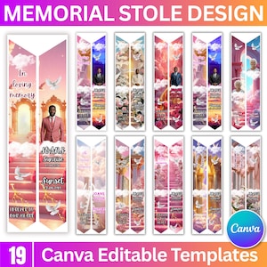 Könnte beinhalten: Eine Sammlung von 19 Gedenkstola-Designs mit verschiedenen Hintergründen, darunter Wolken, Treppen und Blumenarrangements. Jedes Design zeigt das Bild einer Person, ihren Namen und Daten, mit Texten wie "In loving memory" und "Forever in our heart."