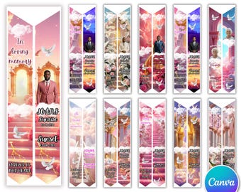 May include: A collection of 19 memorial stole designs with a variety of backgrounds, including clouds, stairways, and floral arrangements. Each design features a person's image, name, and dates, with text such as "In loving memory" and "Forever in our heart."