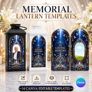 May include: Memorial lantern templates featuring a black and a white lantern, each displaying a blue celestial design with a tree, doves, and the text IN LOVING MEMORY. Includes two arched panels with photo frames, measuring 3.5 x 7 inches.