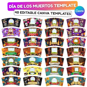 Puede incluir: Una colección de 20 plantillas Canva coloridas con el tema del Día de los Muertos. Cada plantilla presenta un diseño único con motivos florales, calaveras y velas, e incluye espacio para personalización. El texto en la parte superior dice "Día de los Muertos Template".