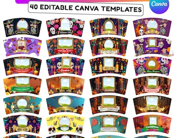 40 Día De Los Muertos Cup Labels Editable Templates, Dia de los Muertos Cup Altar Decor Stickers, Velas Etiquetas, Digital Download