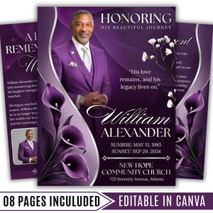Puede incluir: Una plantilla de programa funerario con fondo morado, lirios cala blancos y flores de paniculata. Incluye una foto de un hombre con traje morado, el texto Honoring His Beautiful Journey, William Alexander y detalles del evento.
