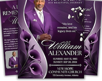 08 Pages Purple Rooses Funeral Program Template, Bi-Fold 8.5x11 Funeral Program, Obituary Celebration Of Life Program, Digital Download