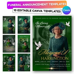 May include: Funeral announcement templates featuring a portrait of Margaret S. Harrington. The templates include the text "In Loving Memory of" and event details. The design is predominantly green and white, with a Canva logo.