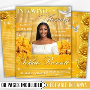 Könnte beinhalten: Ein Gedenkkartendesign mit einem Porträt einer Frau, "Sophia Bennett", vor einem gelben Hintergrund mit Blumen- und Taubenmotiven. Die Karte enthält Daten und den Text "In Loving Memory".