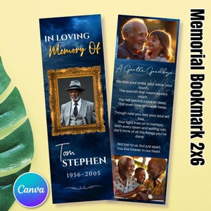 Può includere: Segnalibro commemorativo con una foto di un uomo in giacca e cappello, incorniciata in oro, con il testo "In Loving Memory Of" e il nome "Tom STEPHEN 1956-2005". Il lato destro ha una foto di un uomo e un bambino.