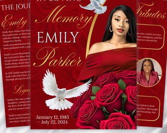 May include: A memorial design with a red background, featuring the name "Emily Parker" in gold script. The design includes a portrait, red roses, and doves. Text includes dates and the phrase "In Loving Memory". The words "08 PAGES INCLUDED" and "EDITABLE IN CANVA" are also visible.