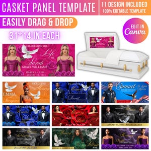Peut inclure: Un modèle de panneau de cercueil blanc avec 11 options de conception. Le modèle comprend le texte "Casket Panel Template" et "Easily Drag & Drop". Le modèle mesure 78,7 x 35,6 cm et est 100 % modifiable. Le modèle comprend des exemples de conceptions avec des noms et des dates.
