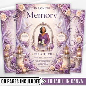 08 Pages Lavender Funeral Program Template, Bi-Fold (8.5x11 in) Memorial Booklet, In Loving Memory, Obituary Celebration Of Life Program