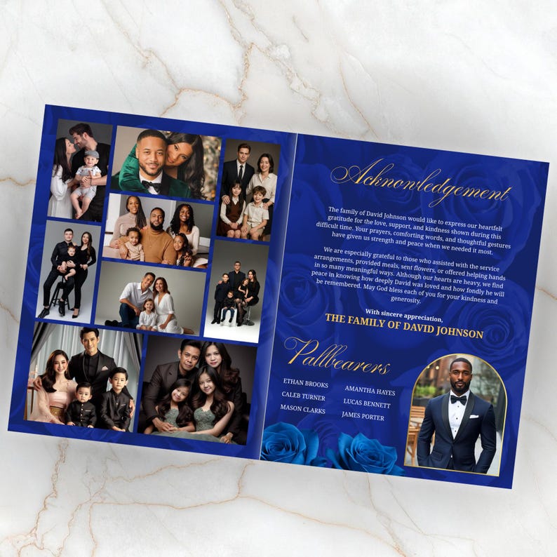 May include: A blue memorial card with family photos and text. The left side features a collage of family portraits. The right side has text that reads "Acknowledgement" and "The Family of David Johnson".