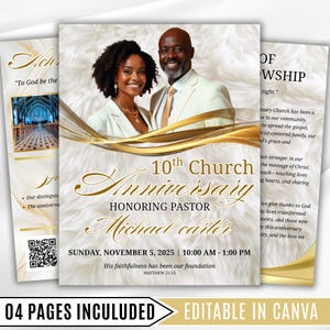 May include: A multi-page church anniversary flyer with a gold and white design. The flyer features a photo of a smiling couple, the text "10th Church Anniversary," and details for the event, including the date, time, and location.