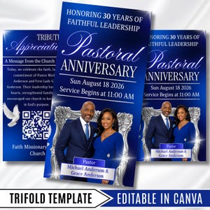 Könnte beinhalten: Eine blaue dreifach gefaltete Vorlage für ein Pastor-Jubiläum mit dem Text Honoring 30 Years of Faithful Leadership, Pastoral Anniversary, Sun August 18 2026, Service Begins at 11:00 AM, und Pastor Michael Anderson & Grace Anderson.