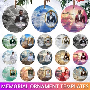 Könnte beinhalten: Eine Sammlung runder Gedenk-Ornamentvorlagen. Jedes Ornament zeigt ein Porträt einer Person mit Text wie "Goodbye" und Namen wie "Michael" und "Bennett". Die Ornamente haben einen Himmel- und Wolkenhintergrund.