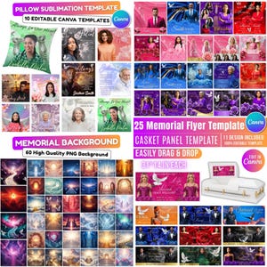 May include: A collection of digital templates for memorial services, including pillow sublimation designs, memorial flyers, casket panel templates, and PNG backgrounds. The templates are easily editable in Canva and feature various designs and layouts.