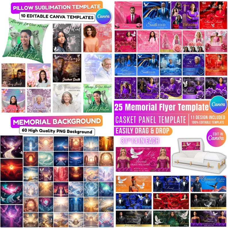 May include: A collection of digital templates for memorial services, including pillow sublimation designs, memorial flyers, casket panel templates, and PNG backgrounds. The templates are easily editable in Canva and feature various designs and layouts.