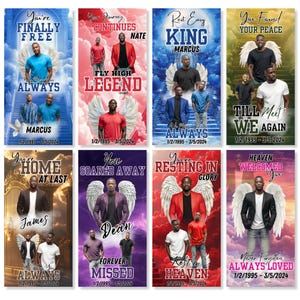 May include: A collection of memorial banners with various designs. Each banner features a portrait of a person, angel wings, and text such as "You're Finally Free" and "Forever Missed." The banners are in shades of blue, red, and purple.