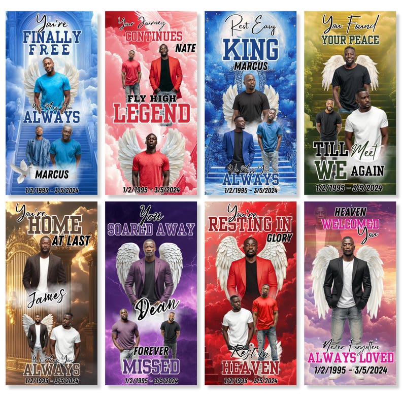 May include: A collection of memorial banners with various designs. Each banner features a portrait of a person, angel wings, and text such as "You're Finally Free" and "Forever Missed." The banners are in shades of blue, red, and purple.