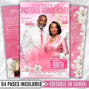 Könnte beinhalten: Eine rosa gestaltete Vorlage für ein pastorales Jubiläumsprogramm mit einem Porträt eines Mannes im weißen Anzug und einer Frau im rosa Blazer. Der Text enthält FIFTEENTH PASTORAL ANNIVERSARY, SENIOR PASTOR DAVID THOMPSON, FIRST LADY AMELIA DAVID und FAITH.