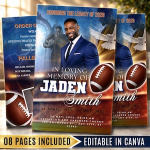 Puede incluir: Una plantilla de programa funerario con un hombre en traje azul, un balón de fútbol americano y palomas blancas sobre un fondo azul y naranja. El texto incluye HONORING THE LEGACY OF 2026, IN LOVING MEMORY OF JADEN SMITH y detalles.