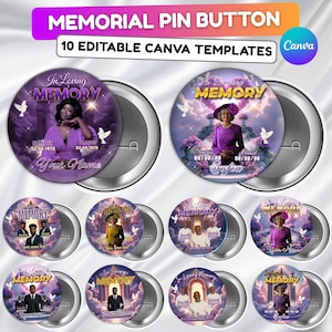 Peut inclure: Plusieurs boutons de pins commémoratifs avec un design violet et blanc. Chaque bouton présente une photo, les mots "In Loving Memory" et des dates. Le texte "Memorial Pin Button" et "10 Editable Canva Templates" est en haut.