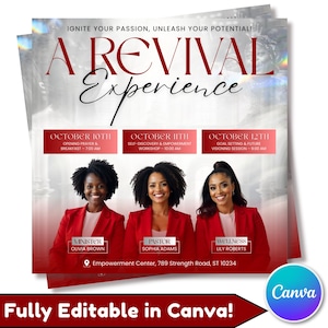 May include: A promotional flyer with the text "A Revival Experience" in a stylish font. The flyer includes the dates and times of events, and features three women in red blazers. The bottom of the flyer says "Fully Editable in Canva!"