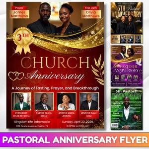 Puede incluir: Un folleto para el aniversario de una iglesia, con imágenes de pastores y oradores. El diseño es predominantemente rojo y dorado, con el texto "Aniversario de la Iglesia" y detalles del evento. Incluye varios folletos más pequeños.