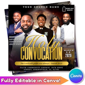 以下が含まれることがあります： 教会イベントのプロモーションフライヤー。笑顔の人々のグループが特徴です。「Holy Convocation」の文字が金色で目立ち、イベントの詳細と教会の名前が上部にあります。フライヤーには「Fully Editable in Canva!」というテキストが含まれています。