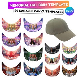 Puede incluir: Una gorra de béisbol verde oliva junto a una colección de plantillas de ala de sombrero conmemorativas. Las plantillas presentan fotos, fechas y frases como "We will miss you" e "In Loving Memory". El texto "Memorial Hat Brim Template" está en la parte superior.