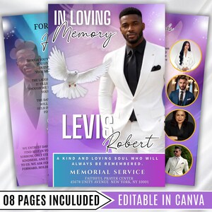 Peut inclure: Un modèle de programme de service commémoratif avec un fond dégradé violet, une colombe blanche et une photo d'une personne en costume blanc. Le texte inclut IN LOVING MEMORY, LEVIS ROBERT et les détails du service au Faithful Prayer Center.